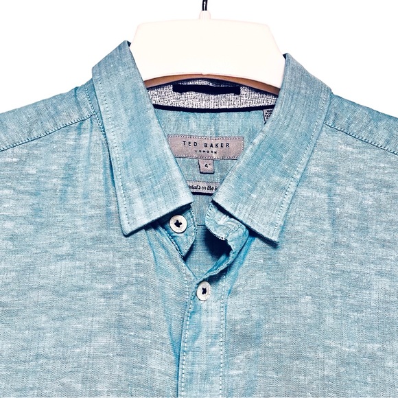 Ted Baker Mens Shirt Linen Blend Button Down Iridescent Blue Large Beach Preppy - Picture 2 of 13